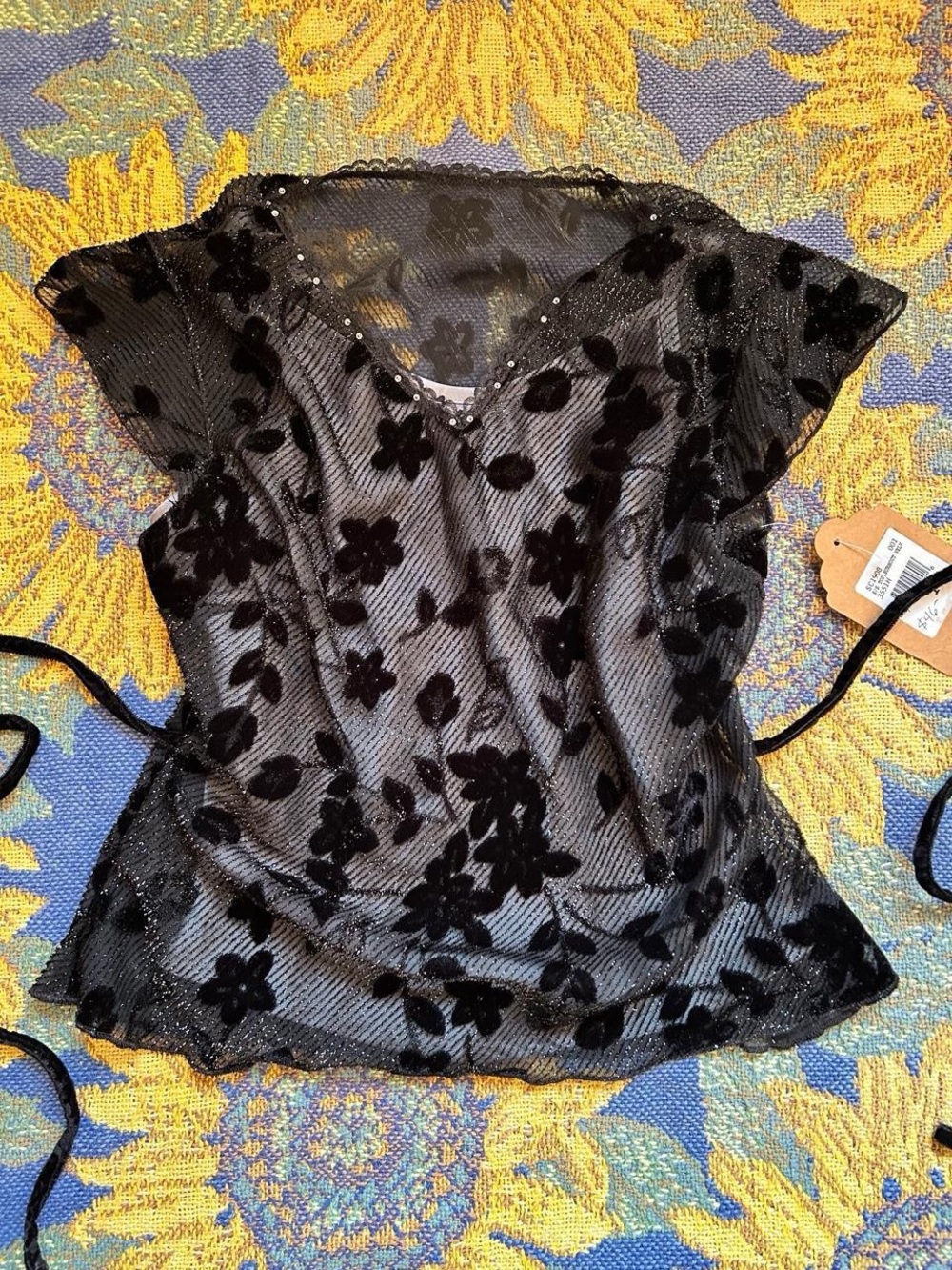 Black Floral Mesh Tie-Back Women's Top